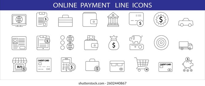 A set of 30 clean, line icons for online payment, featuring credit cards, digital wallets, transactions, and e-commerce concepts for websites and apps.