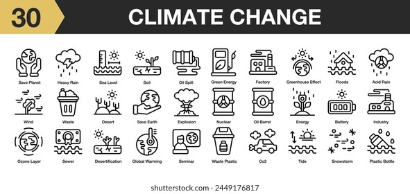 Conjunto de 30 iconos de cambio climático. Guardar Incluye fábrica, barril de petróleo, plástico, Colección de Vector de iconos de esquema.