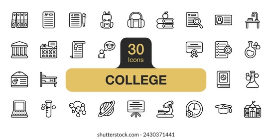 Set of 30 College icon element set. Includes Backpack, idea, graduate, research, study, university and More. Outline icons vector collection.