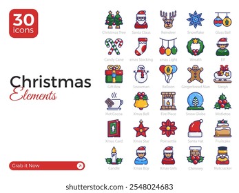 Set of 30 Colorful Christmas Elements, Including Candy Cane, Christmas Bell, Fireplace, and More – Vector Illustrations