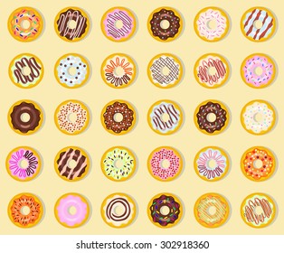 Set of 30 colorful donuts. Various donuts in one collection. Vector illustration, eps 10.