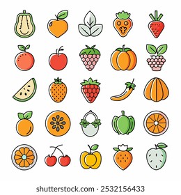 Um conjunto de 30 ícones coloridos de frutas e legumes em um estilo de linha, perfeito para adicionar um toque de frescor aos seus projetos. Esses ícones são ideais para uso em sites, aplicativos, apresentações e muito mais.