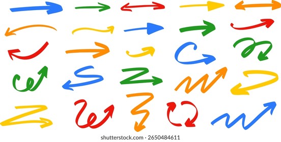 Set of 30 colorful hand-drawn arrows in various curved, straight, zigzag, and looped styles on transparent background. Vector EPS 10 - Powered by Shutterstock - Get 15% off with code: PIKWIZARD15