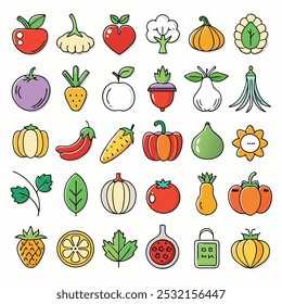A set of 30 colorful vector icons, featuring a variety of fruits and vegetables. This collection is perfect for adding a touch of freshness and vibrancy to your designs.