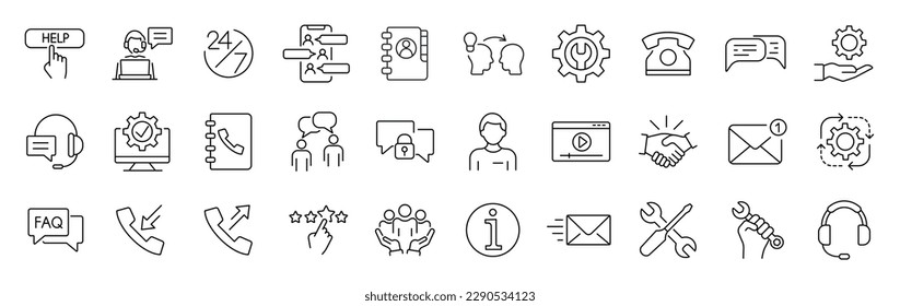 Set of 30 Contact us, support and Help icons in line style. Outline icons collection. Simple vector illustration. Assistance, customer, review, 24 hrs, contact. Editable stroke