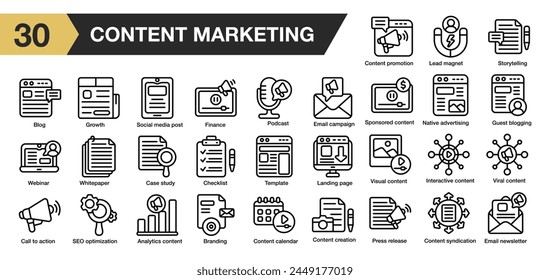 Set of 30 content marketing icon set. Includes landing page, seo, content, video, branding, blog, and More. Outline icons vector collection.