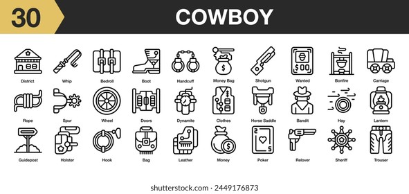 Set of 30 cowboy icon set. Includes door, rope, shotgun, boot, bandit, dynamite, and More. Outline icons vector collection.