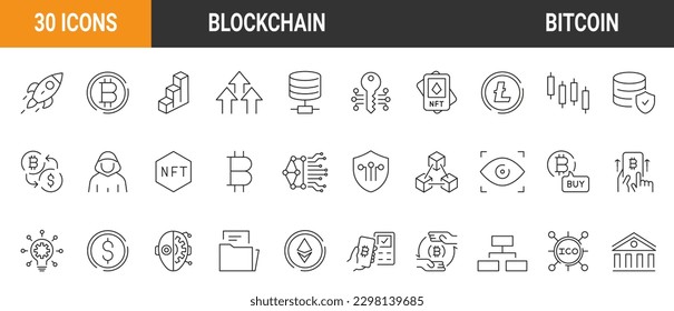 Set of 30 Cryptocurrency economy web icons collection. Blockchain package. Bitcoin, NFT, Vector illustration. Outline icon. Editable stroke.