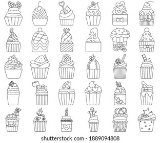 Set of 30 cupcakes, vector icons in outline style. Isolated on white. Icons for cafe, restaurant.