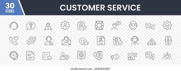 Set of 30 Customer Service Icons Featuring Headsets, Speech Bubbles, Email, Thumbs-Up, Chat Boxes, Documents, Lifebuoys, Clocks, and Support Tools for Business, Help Desk, 
