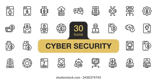 Conjunto de 30 conjuntos de elementos de iconos de Cyber Security. Incluye seguridad, seguridad, hacker, ataque, comunicación, bug y más. Colección de vectores de iconos de contorno.