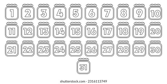 Set of 30 day calendar. Every day calendar icon outline. Vector illustration