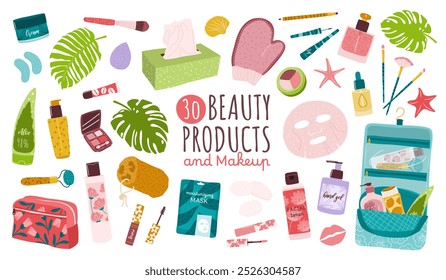 Conjunto de 30 productos de belleza decorativos, cosméticos y maquillaje en botellas, tubos, tarros y dispensadores: cuidado del cuerpo, el cabello y la cara, accesorios de belleza para mujeres. Ilustraciones vectoriales planas aisladas