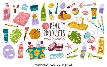 Conjunto de 30 productos de belleza decorativos, cosméticos y maquillaje en botellas, tubos, tarros y dispensadores: cuidado del cuerpo, el cabello y la cara, accesorios de belleza para mujeres. Ilustraciones vectoriales planas aisladas.