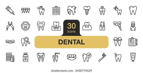 Set of 30 Dental icon element set. Includes tooth, pain, teeth, medicine, treatment, cleaning, dentist, and More. Outline icons vector collection.