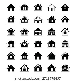 Un conjunto de 30 diferentes iconos de la casa negra en varios estilos y diseños, incluyendo algunos con árboles de Navidad y corazones, sobre un fondo blanco puro