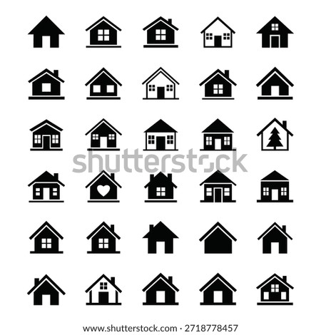 A set of 30 different black house icons in various styles and designs, including some with Christmas trees and hearts, on a pure white background