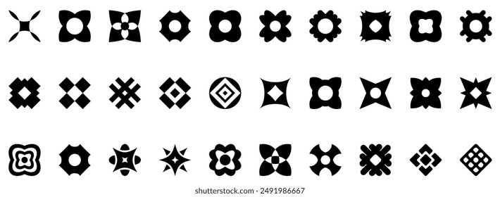 Set of 30 different black star icons. Unusual simple design elements vector collection. Modern glyphs for text.