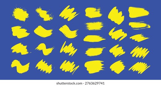A set of 30 different yellow brush strokes on a solid blue background, ideal for graphic design elements, textures, and artistic projects requiring vibrant colors