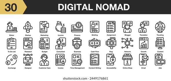 Set of 30 digital nomad icon set. Includes ads, content, network, online shop, marketing, finance, and More. Outline icons vector collection.