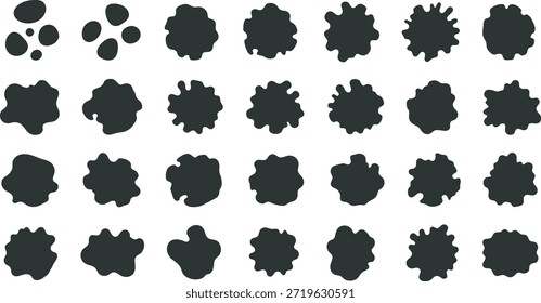 Un conjunto de 30 Formas de manchas de tinta negras distintas que varían en tamaño y complejidad sobre un fondo blanco liso