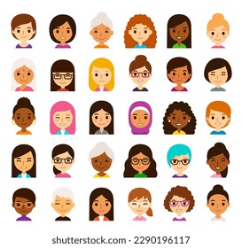 Set of 30 diverse cartoon female avatars. Women of different ethnicities, ages, skin and hair color. Cute and simple flat vector style, isolated on white background.