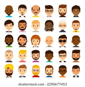 Conjunto de 30 variados avatares masculinos de dibujos animados. Hombres de diferentes etnias, edades, color de piel y cabello. Estilo de vector plano y sencillo, aislado sobre fondo blanco.