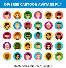 Set of 30 diverse round avatars on color circles. Different ethnicities, ages and hair styles. Cute and simple flat cartoon style.
