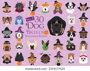 Set of 30 dog breeds with Halloween costumes. Set 2