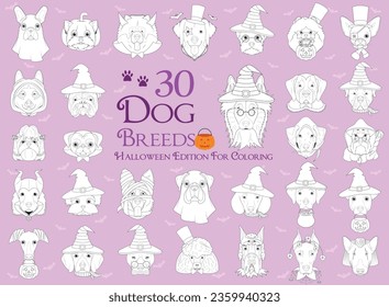 Set 30 dog breeds and Halloween costumes for coloring