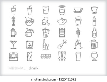 Set of 30 drink line icons of water, soda, coffee, tea, beer, cocktails