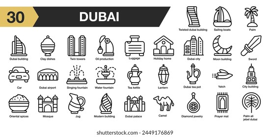 Satz von 30 Dubai Icon Set. Enthält Krug, Moschee, Palme, Auto, Kamel, Boote, Gebäude und mehr. Gliederungssymbole Vektorgrafik Kollektion.