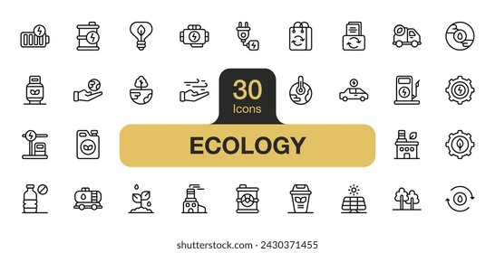 Conjunto de 30 conjuntos de elementos de iconos de ecología. Incluye naturaleza, ecosistema, medio ambiente, reciclaje, ecología, ecosistema y mucho más. Colección de vectores de iconos de contorno.