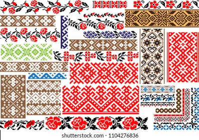 Set of 30 editable colorful seamless ethnic patterns for embroidery stitch, floral and geometrsc. Borders and frames.
