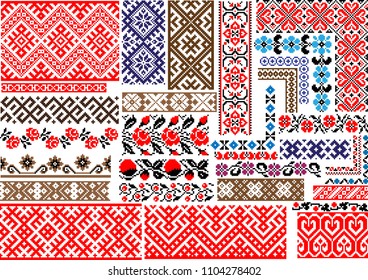 Set of 30 editable colorful seamless ethnic patterns for embroidery stitch, floral and geometrsc. Borders and frames.