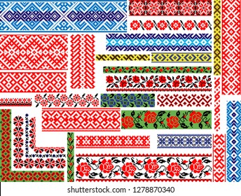 Conjunto de 30 padrões étnicos coloridos editáveis sem costura para bordado costura, floral e geométricos. Bordas e quadros.