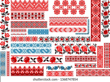 Set of 30 editable colorful seamless ethnic patterns for embroidery stitch. Floral and geometric ornaments.