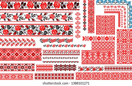 Set of 30 editable colorful seamless ethnic patterns for embroidery stitch. Floral and geometric ornaments.