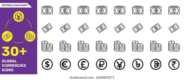 Conjunto de más de 30 iconos editables de moneda global - dinero, monedas, billetes y símbolos de billetes