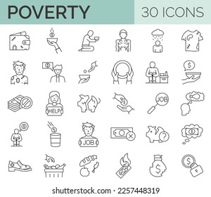 Set of 30 editable stroke line icons related to poverty, homeless, poor man. Vector illustration 