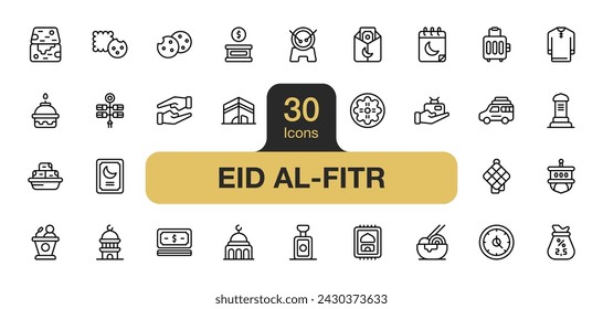 Set of 30 Eid Al-Fitr icon element sets. Includes ramadan, mosque, gift, money, lamp, zakat, donation, and More. Outline icons vector collection.