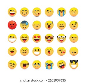 Set of 30 emotional reactions. Yellow emojis with facial expressions. Vector emoticon set.