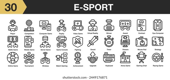 Set of 30 e-sport icon set. Includes game, keyboard, sword, player, timer, award, and More. Outline icons vector collection.