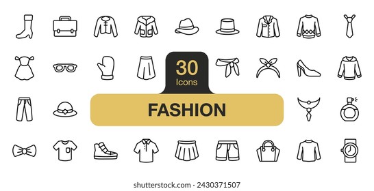 Set of 30 Fashion icon element set. Includes tie, dress, shirt, sweater, jeans, hoodie, and More. Outline icons vector collection.