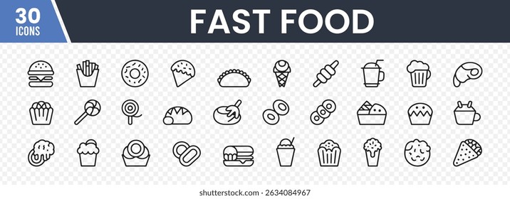 Set of 30 Fast Food Icons in Minimalist Black Line Art Featuring Burgers, Fries, Pizza, Tacos, Ice Cream, and Drinks for Menu, Restaurant, and UI Applications