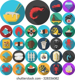 Set of 30 flat color design vector icons for seafood and asian food. Sushi set, serving, prepared fish, shellfish, exotic food and other for business and website