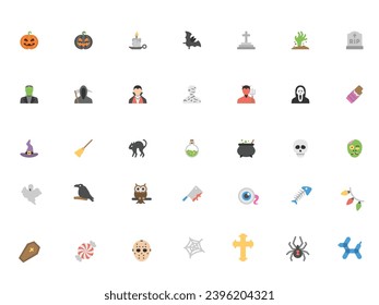 Set of 30 Flat icons related to Halloween. Editable stroke. Vector illustration