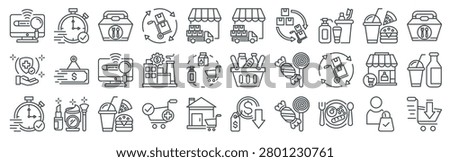 Set of 30 FMCG consumer goods thin line icons including retail, inventory, household, cosmetic, candy, beverage, food, package, supplier topics
