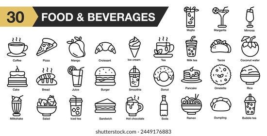 Conjunto de 30 iconos de alimentos y bebidas. Incluye pastel, mango, panqueque, pizza, ensalada, arroz, ensalada y más. Colección de Vector de iconos de esquema.