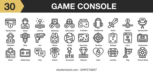 Juego de 30 iconos de consola de juegos. Incluye arma, rango, servidor, recompensa, jugador, diamante, espada y más. Colección de Vector de iconos de esquema.